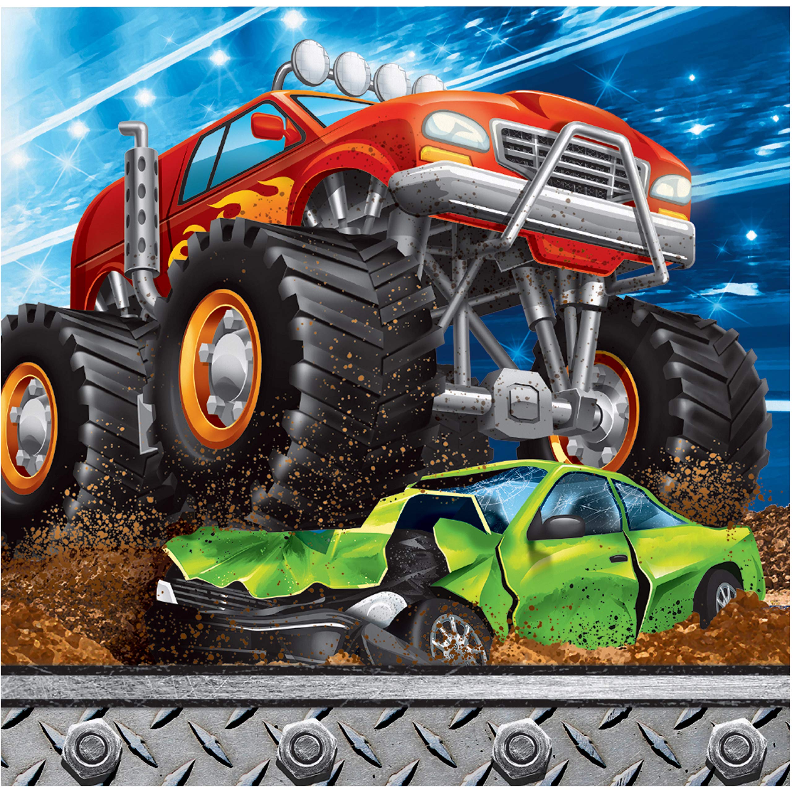 Monster Truck Beverage Napkins - 16 Count, 2-Ply Paper Drink Napkins for Kids Birthday Party, BBQ, Picnic & Car Themed Events