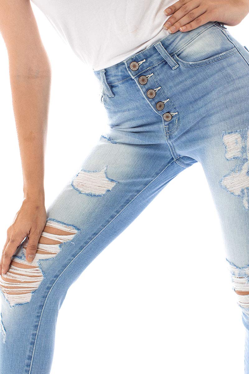 Kan Can Women's High Rise Button Fly Distressed Super Skinny Jeans - Stretch Denim Pants for Casual Wear, Night Out & Everyday Fashion