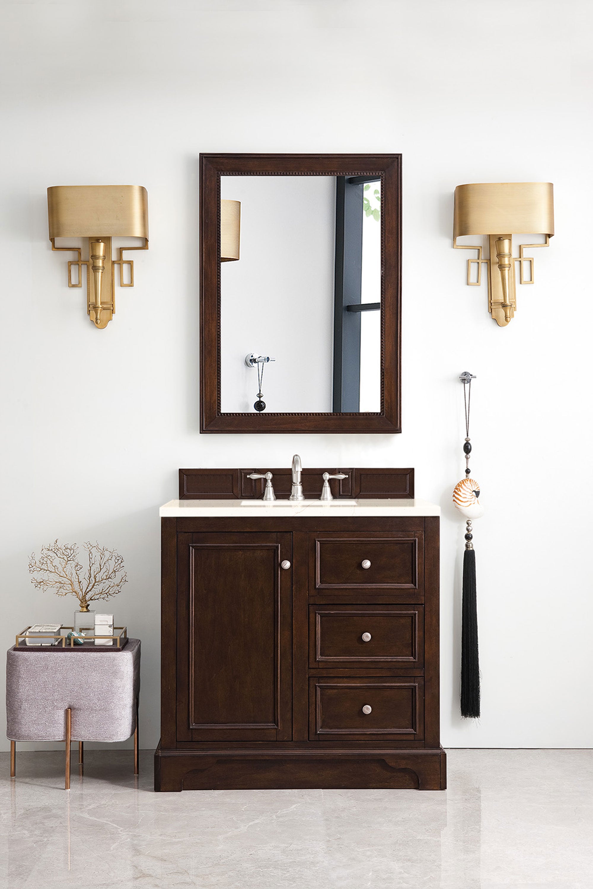 De Soto 36 Inch Single Bathroom Vanity with Burnished Mahogany Finish & 3CM Eternal Marfil Quartz Countertop - Perfect for Modern Master Bathrooms and Powder Rooms