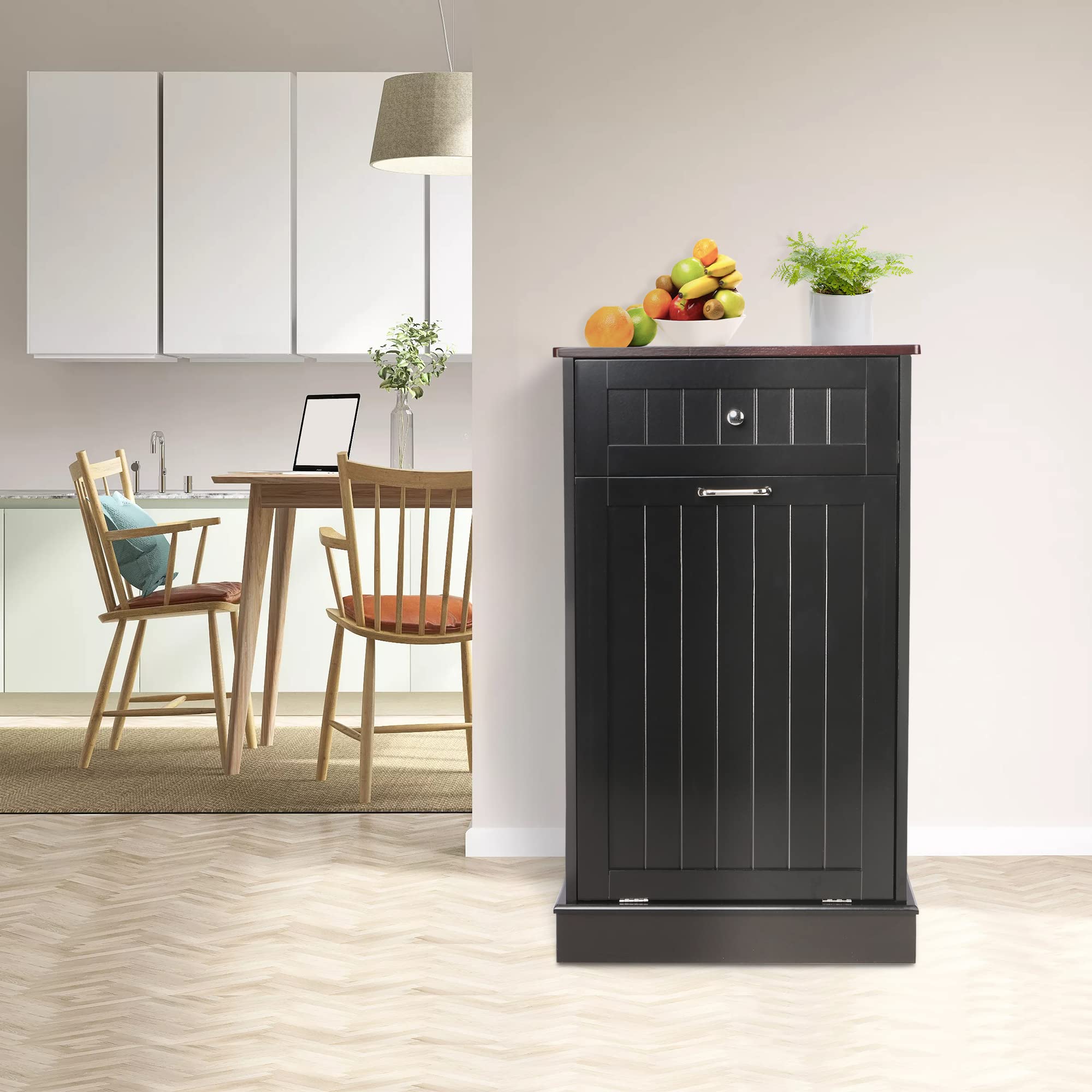 10 Gallon Wooden Tilt-Out Trash Cabinet with Hideaway Drawer - Free Standing Laundry Sorter & Recycling Bin for Kitchen, Bathroom, or Utility Room Organization