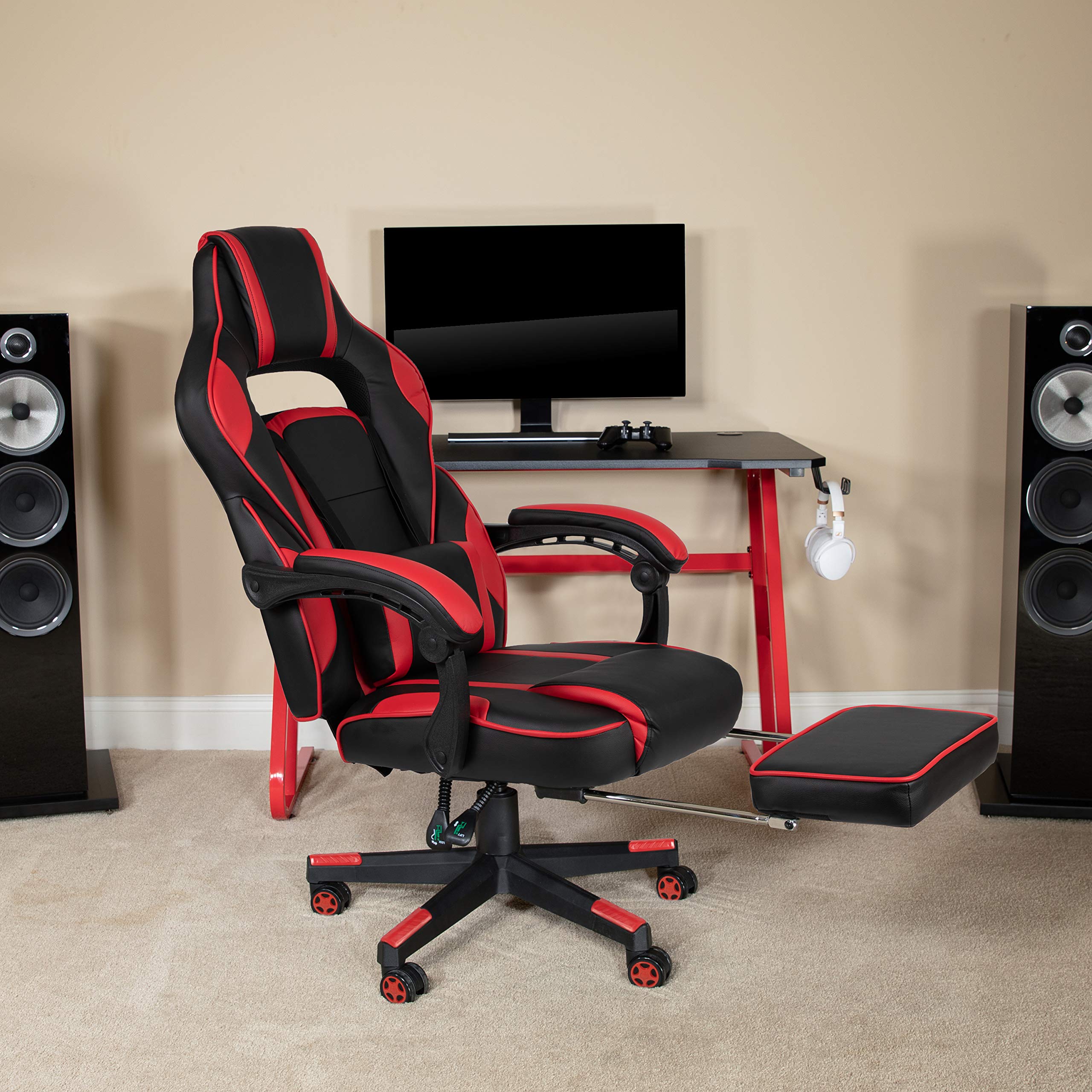 Emma & Oliver Red Ergonomic Gaming Chair with Adjustable Reclining Back, 3D Armrests, Footrest & Lumbar Massage - Perfect for PC Gaming, Office Work & Home Relaxation