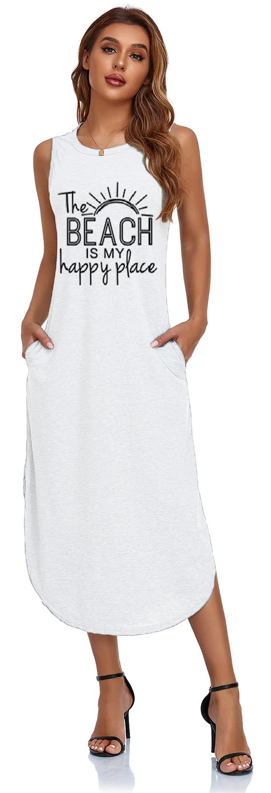 **Women's Sleeveless Floral Print Long Sundress - Casual Beach Cover Up Dress with Pockets for Summer Vacation & Outdoor Activities**