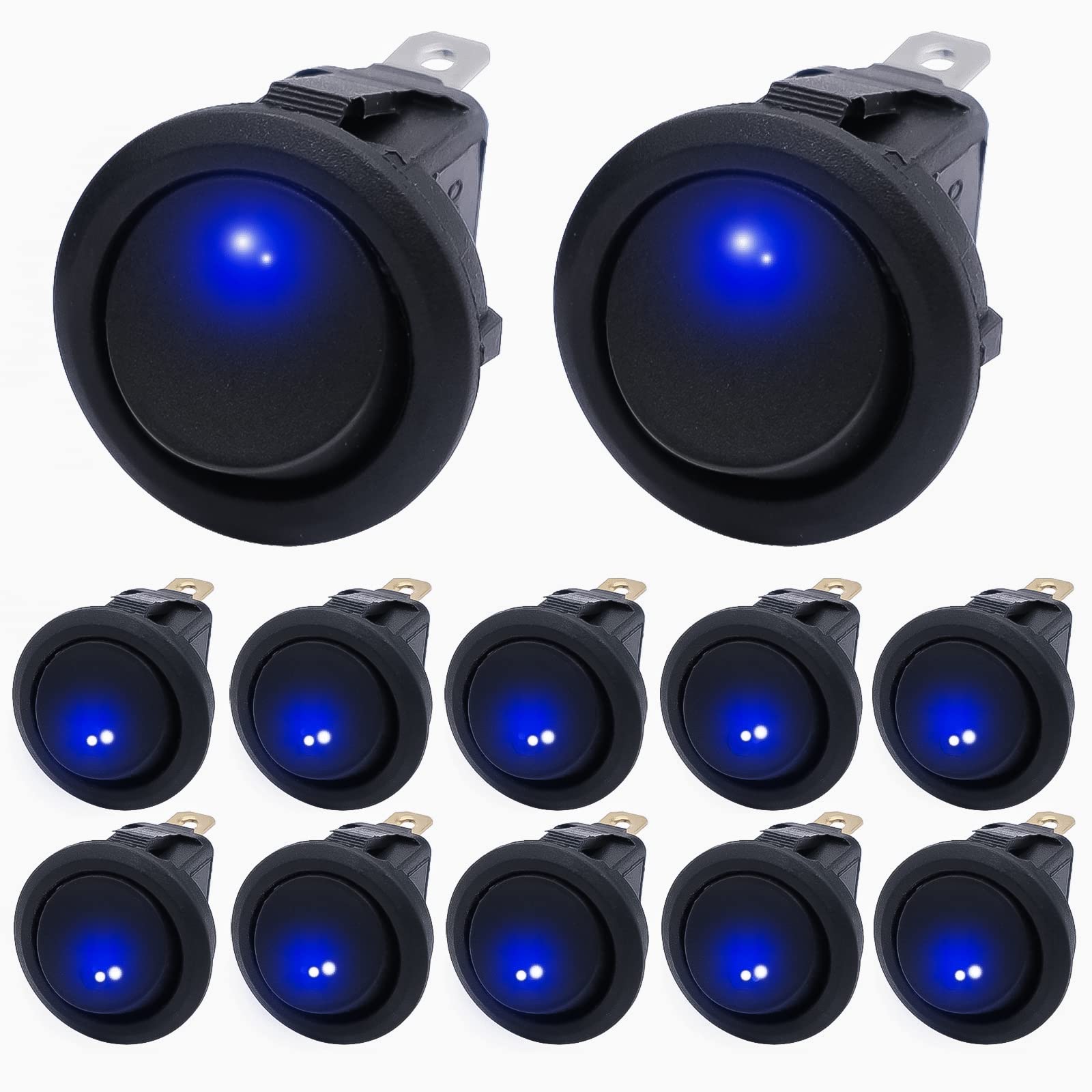 12V Round Rocker Switch with Blue LED Light - SPST On-Off Toggle Switch 20A (12 Pack) - KCD2-102N-BU for Automotive, Car, Truck & Boat Electrical Control - Perfect for Dashboard, Marine & RV Applications
