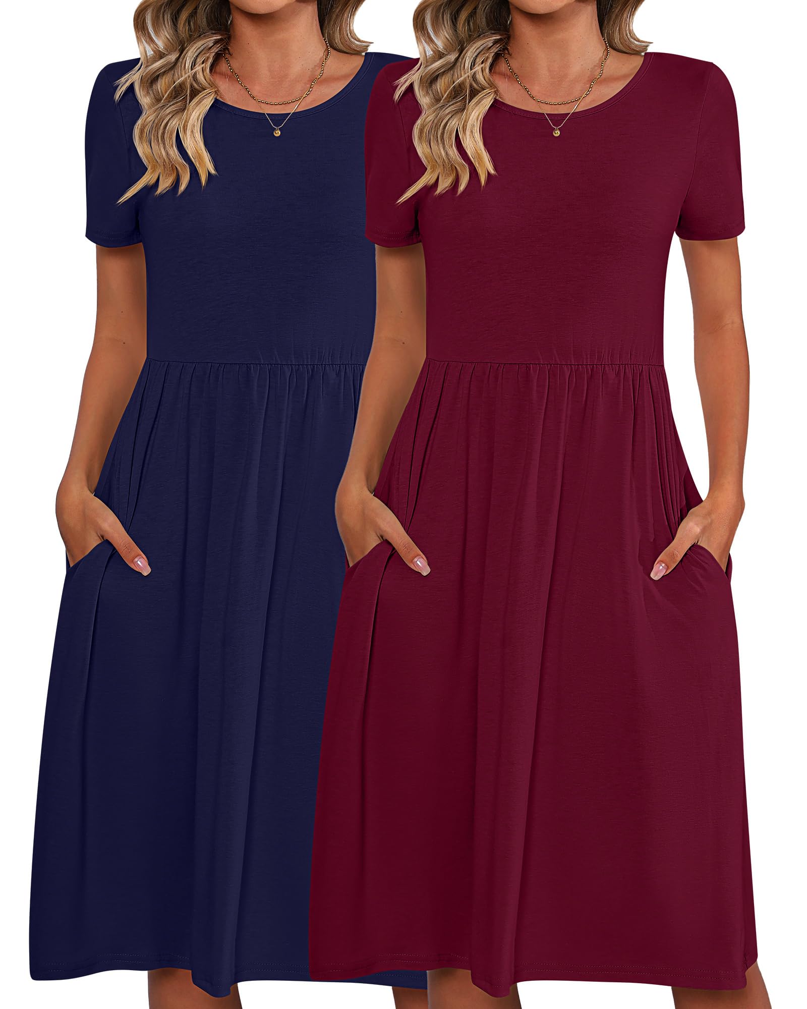 Riyiper 2 Pack Women's Short Sleeve Casual T-Shirt Dresses - Loose Fit Knee Length Swing Dress with Pockets for Summer Outfits, Beach Wear & Daily Comfort