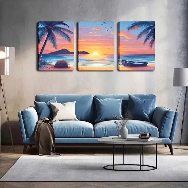 3-Piece Sunset Boat on Beach Wall Art Set - Framed Canvas 40x60cm (16x24in) - High Quality Australian Made Prints - Ready to Hang - Perfect for Living Room, Bedroom & Office Decor