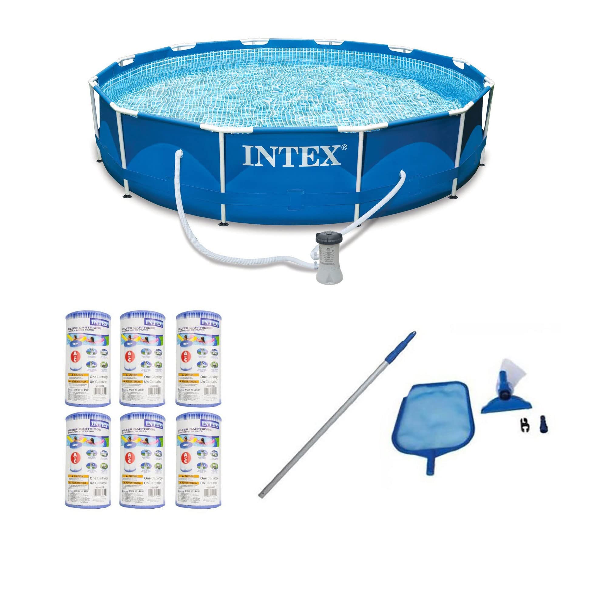 Intex 12ft x 30in Metal Frame Above Ground Swimming Pool Set with Maintenance Kit & Type A/C Filter Cartridges | Backyard Family Fun, Summer Cool Down, Outdoor Water Activities
