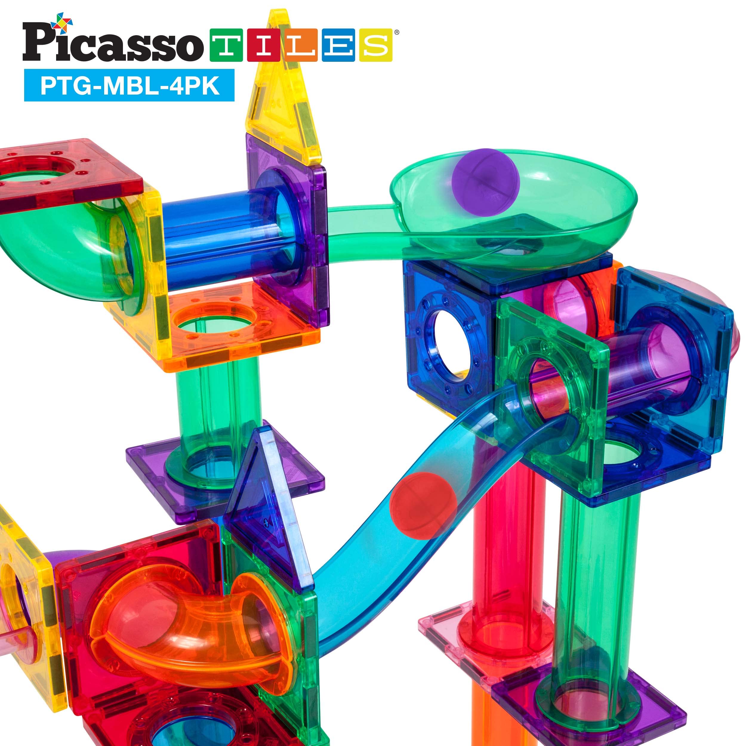 PicassoTiles 4-Piece Marble Run Set for Magnetic Building Blocks - STEM Educational Construction Toy with Race Track & Maze for Boys & Girls Ages 3+ - Perfect for Creative Play, Early Learning & Family Game Nights