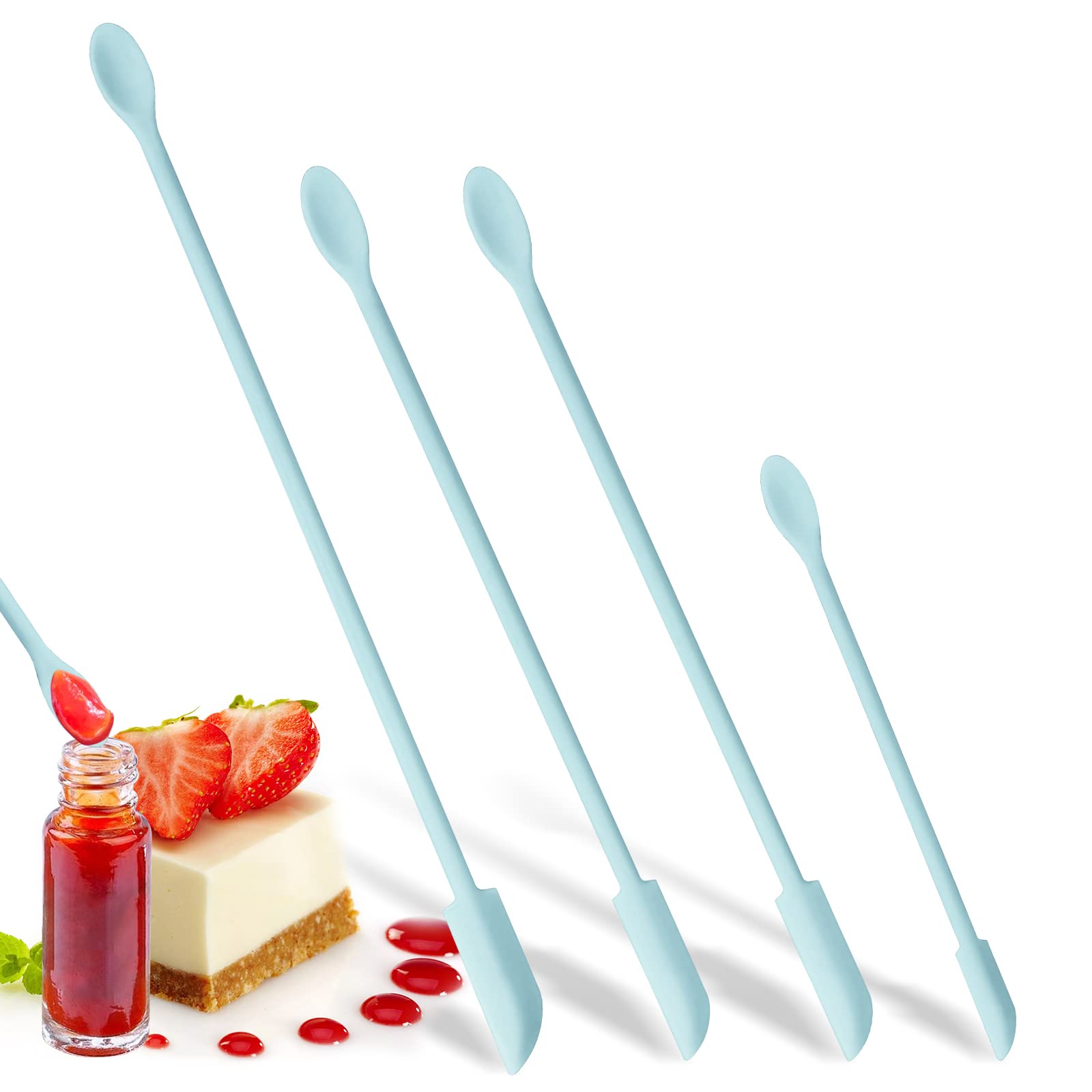 DUFEIMOY Light Blue Mini Silicone Spatula Set of 4 - Small Rubber Spatulas for Cosmetics, Makeup, Food Scraping - Thin Jar Spatula for Beauty Products & Kitchen Use - Perfect for Cream Jars, Bottles & Tight Containers