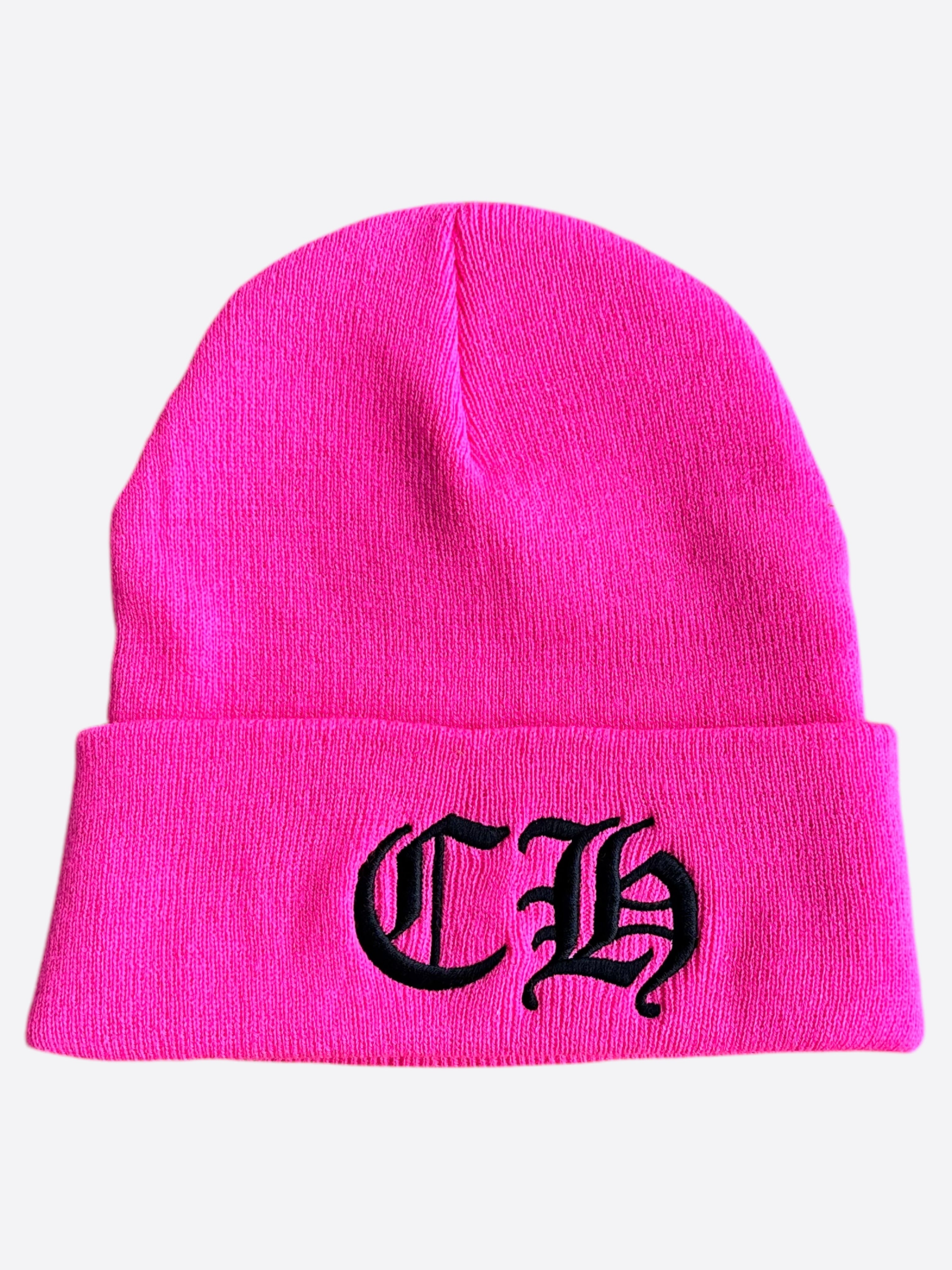 Chrome Hearts Pink & Black CH Logo Embroidered Beanie Hat for Women & Men - Stylish Winter Accessory for Outdoor Activities