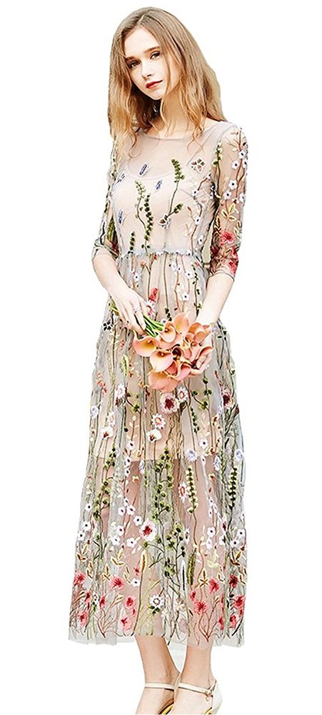 Honeydress Women's Embroidered Long Sleeve Maxi Dress - Style 12B in Grey | Elegant Boho Floral Dress for Weddings, Parties & Special Occasions