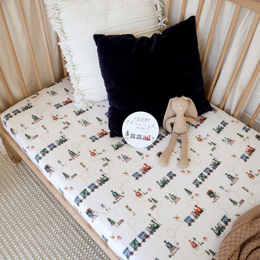 Organic Fitted Jersey Cotton Crib Sheet with Train Pattern - Soft Baby Bedding for Nursery, Daycare & Travel - Snuggle Hunny