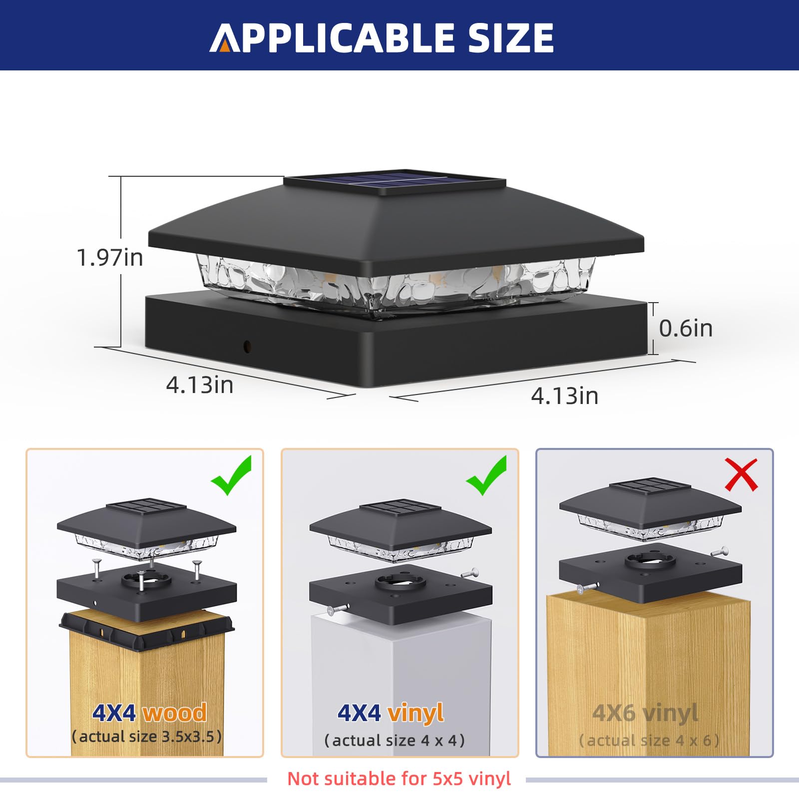 APONUO 6-Pack Black Solar Post Cap Lights - Warm White Waterproof Outdoor Solar Lights for 4x4 Wood/Vinyl Fence, Deck & Patio | Garden, Pathway & Backyard Decoration Lighting