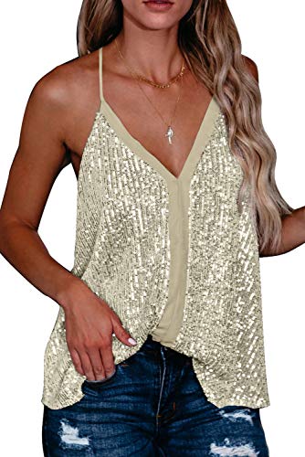 Shawhuwa Women's V-Neck Sequin Strappy Flowy Tank Top - Sexy Sleeveless Racerback Cami Shirt for Party, Club, Night Out & Summer Fashion