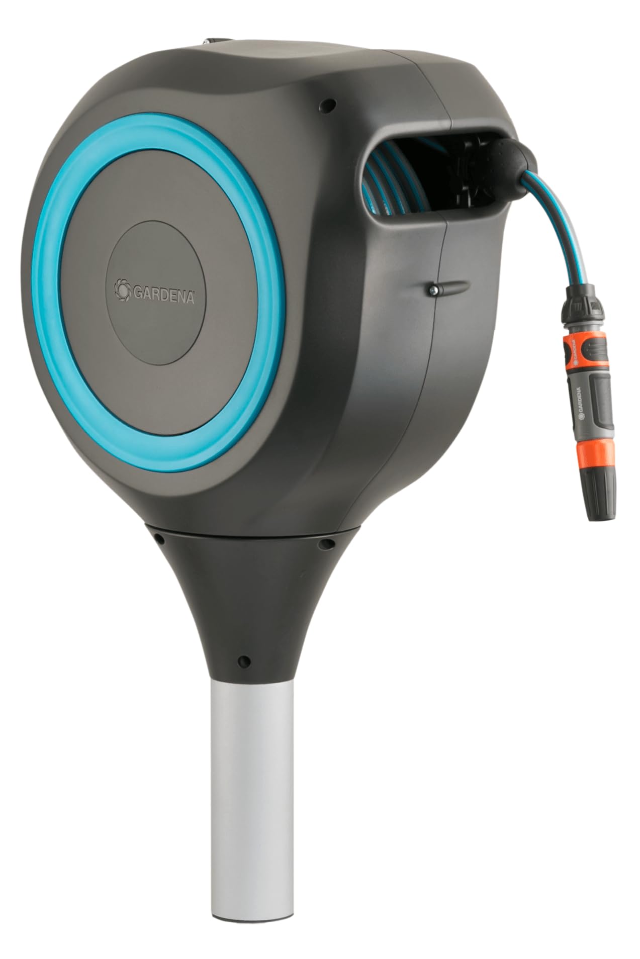 GARDENA 18614-80 66-Foot x 1/2-Inch Automatic Retractable Garden Hose Reel with Metal Spike - 360° Rotation for Full Yard Coverage - Perfect for Watering Lawns, Gardens, and Outdoor Cleaning