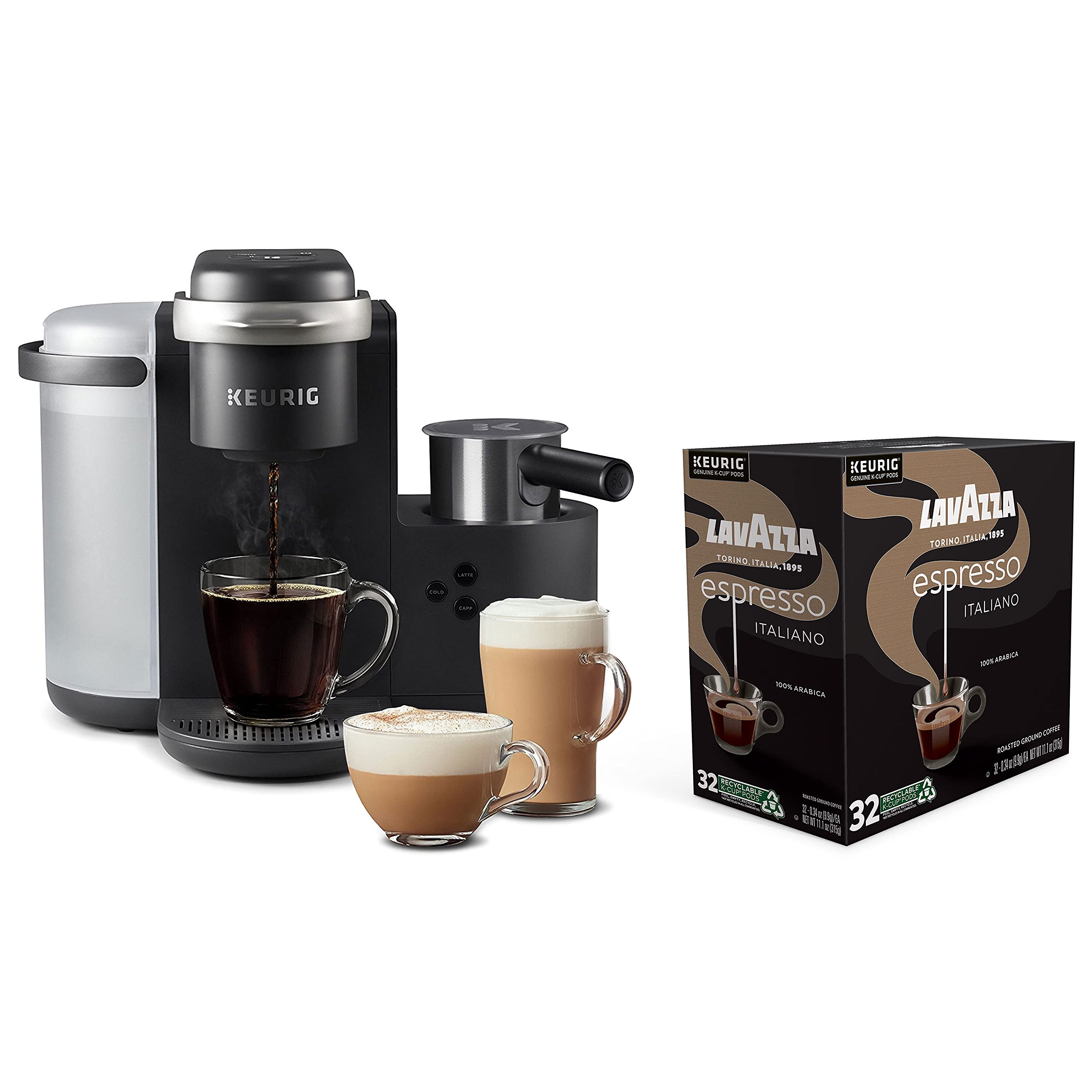 Keurig K-Café Single Serve Coffee Maker with Lavazza Espresso Italiano - 32 K-Cup Pods for Home & Office - Perfect for Espresso, Latte & Cappuccino Lovers