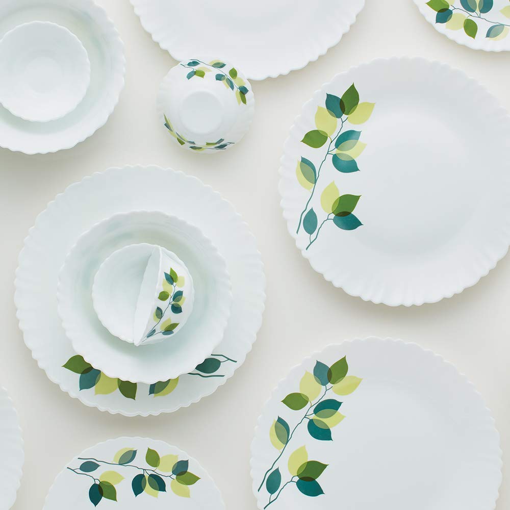 35-Piece Borosilicate Glass Dinnerware Set - Service for 6 with Stackable Plates, Bowls, Lids & Spoons - Chip & Stain Resistant, Microwave & Dishwasher Safe - White with Green Leaf Design - Perfect for Family Dinners, Parties & Everyday Use