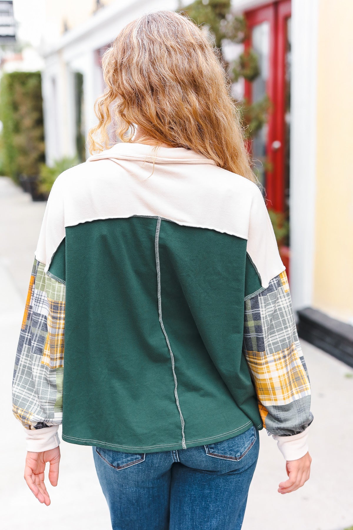 Fall For You Hunter Green Plaid Color Block Collared Terry Top - Women's Fashion Long Sleeve Shirt for Autumn Outfits, Casual Wear & Layering
