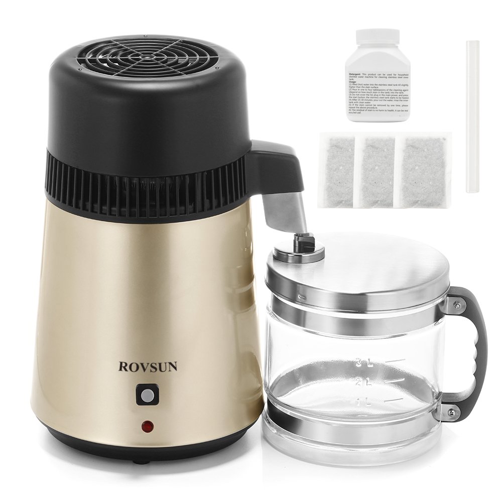 ROVSUN 4L Countertop Water Distiller Machine with Glass Container - 750W Stainless Steel Home Distilled Water Maker (1L/H Output) | Perfect for Purified Drinking Water, Baby Formula & Emergency Preparedness