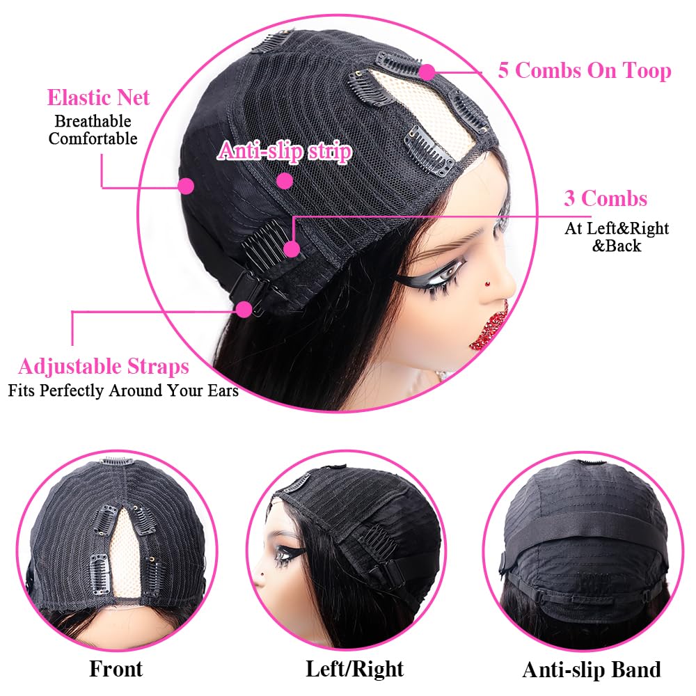 Brazilian Virgin Human Hair V Part Wig - 12 Inch Straight Glueless Half Wig for Black Women | 180% Density Natural Color | No Leave Out, Clip-In Design | Perfect for Daily Wear, Parties & Special Occasions