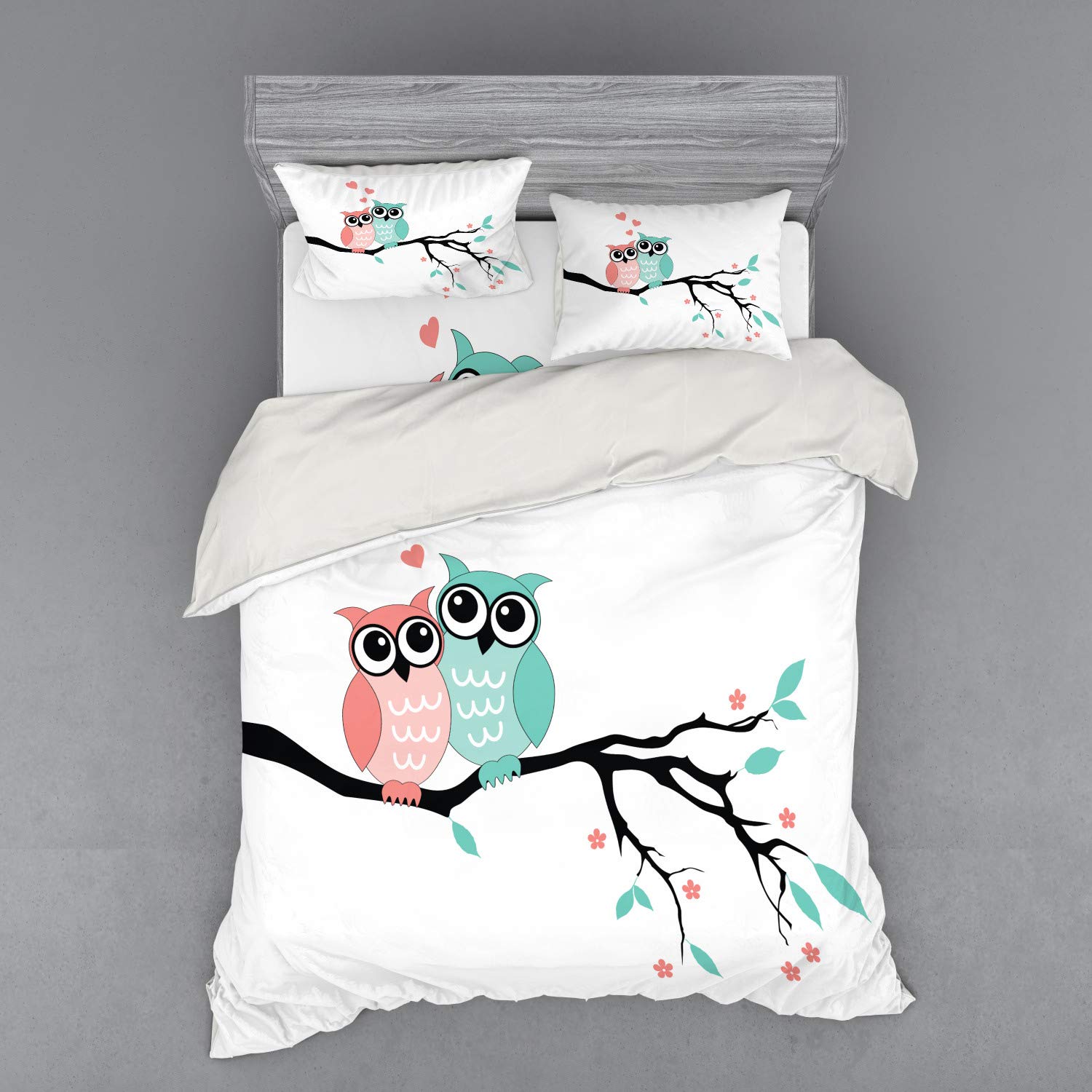 Ambesonne 4-Piece Queen Size Duvet Cover Set - Teal & White Owl Couple Design on Tree Branch, Includes Shams & Fitted Sheet (Turquoise/Coral/Black) | Perfect for Valentine's Day, Romantic Bedroom Decor & Couples Gift