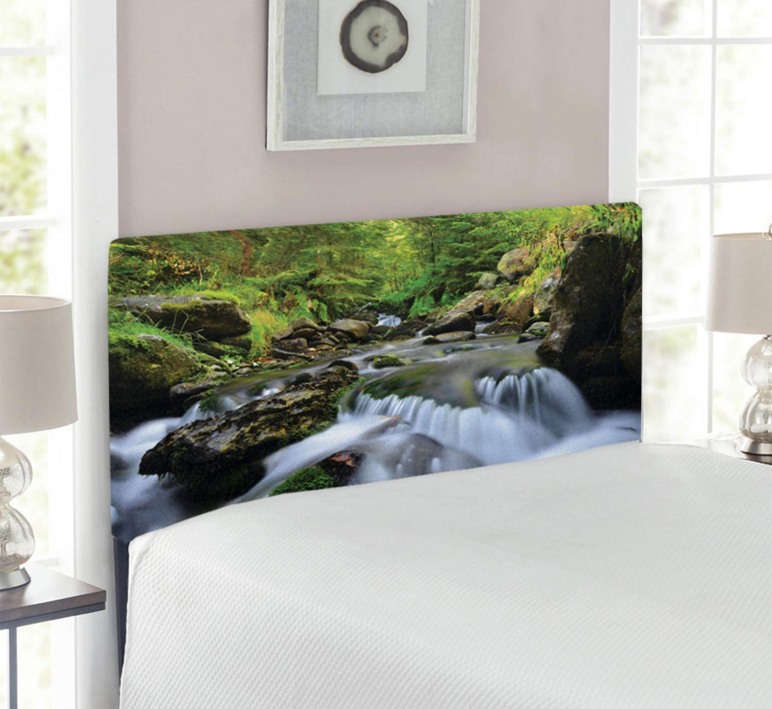 Ambesonne Nature Headboard - National Park Cascade Woods Mother Earth Design, Upholstered Metal Bed Headboard with Memory Foam, Twin Size, Fern Green Dark Grey - Perfect for Bedroom Decor, Guest Room, and Nature-Themed Home Interiors