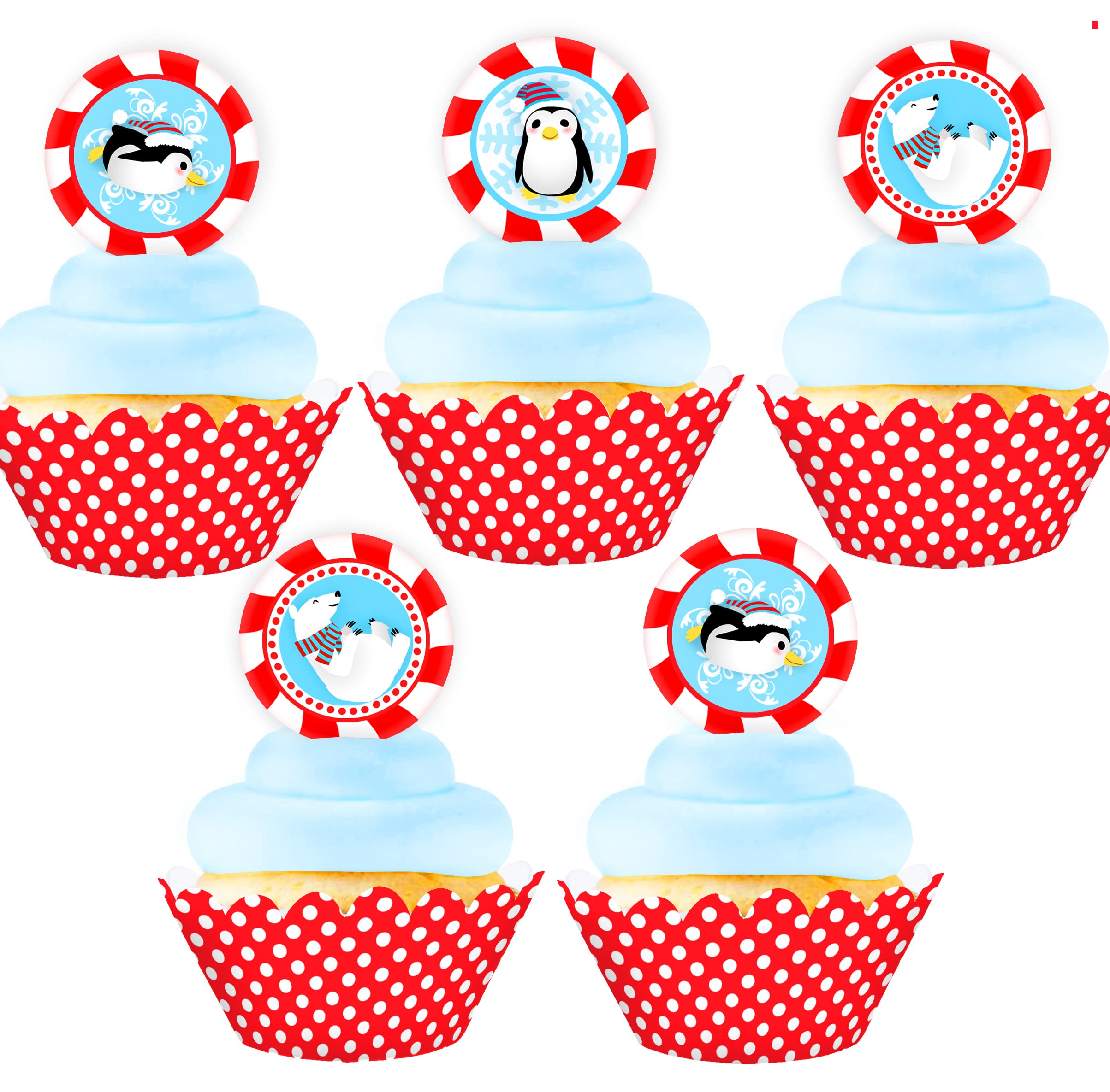 Winter Wonderland Birthday Cupcake Toppers & Wrappers Set - 24 Penguin Themed Toppers & 24 Wrappers - Winter ONEderland Party Decorations - Red - Perfect for Penguin Birthday Parties, Baby Showers & Winter Themed Celebrations