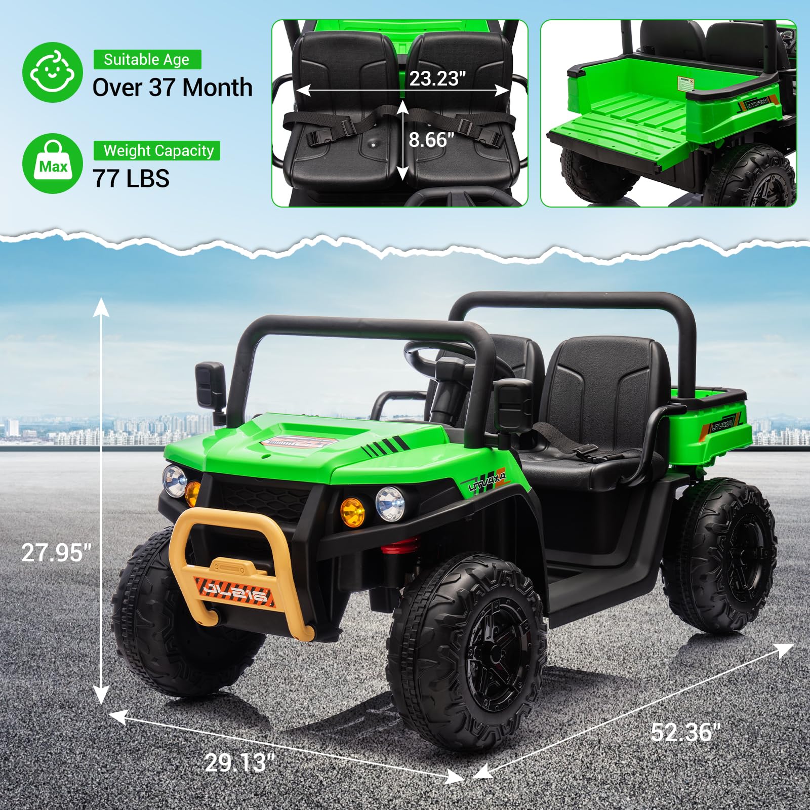 Hetoy 24V 2 Seater Electric Ride On Dump Truck with Remote Control - 4WD Battery Powered UTV Toy Car for Kids, Includes Shovel, Music, Bluetooth & LED Headlights - Perfect Outdoor Play Vehicle for Boys & Girls (Green)