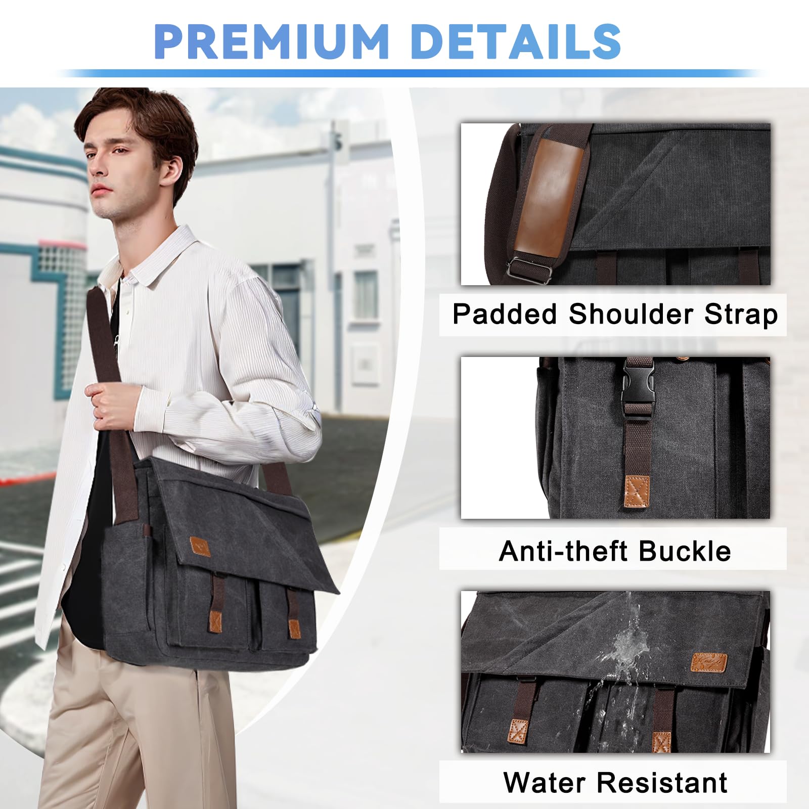 Kasqo Waterproof Canvas Messenger Bag for Men - Durable 14