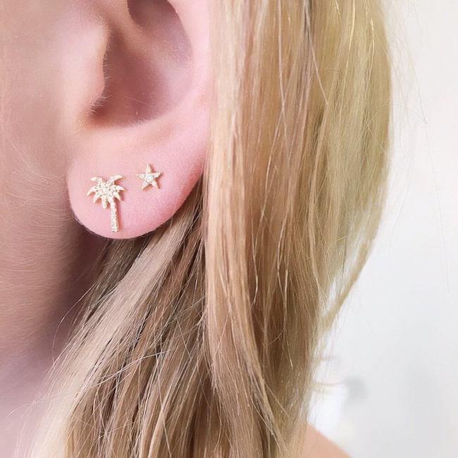 14K Yellow Gold Diamond Pavé Palm Tree Stud Earrings - Elegant Tropical Jewelry for Women, Perfect for Beach Vacations, Summer Parties & Gift Giving