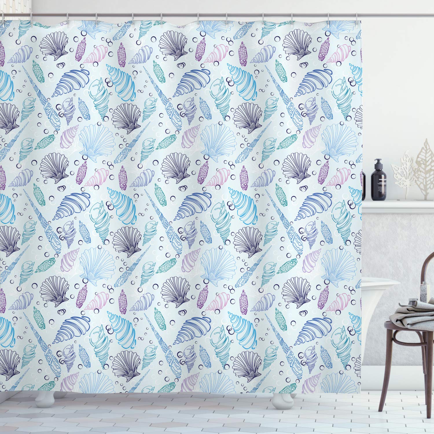 Ambesonne Nautical Shower Curtain - Waterproof Ocean Theme Bathroom Decor with Seashells, Underwater Bubbles & Maritime Print, 69x70 Inches, Indigo Blue Purple - Perfect for Beach House, Coastal Bathroom or Nautical Themed Home Decor