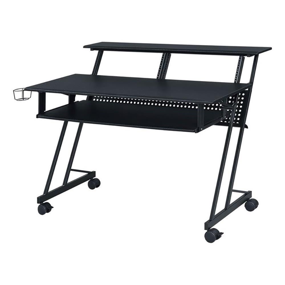 Pemberly Row Black 1-Shelf Music Recording Studio Desk with Keyboard Tray, 4 Caster Wheels & Cup Holder - 47