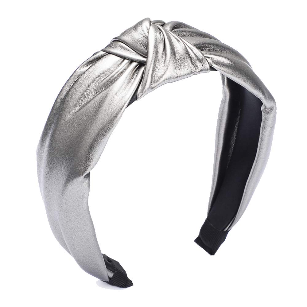Etercycle Women's Knotted Wide Headband - Fashionable Elastic Yoga Hair Accessory (PU Silver) | Perfect for Workouts, Yoga, Running & Everyday Style