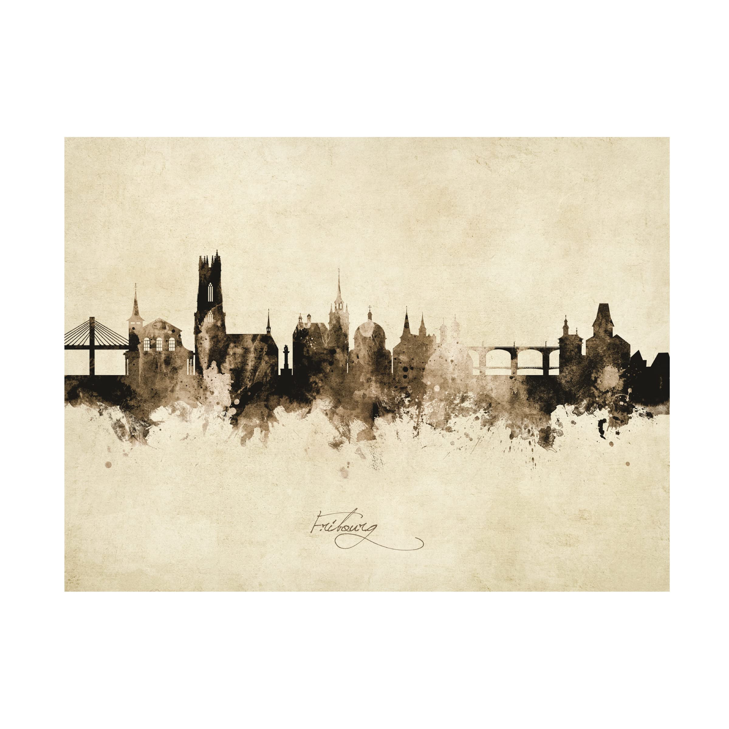 Michael Tompsett Vintage Fribourg Switzerland Skyline Canvas Art Print - Premium Wall Decor for Living Room, Bedroom & Office