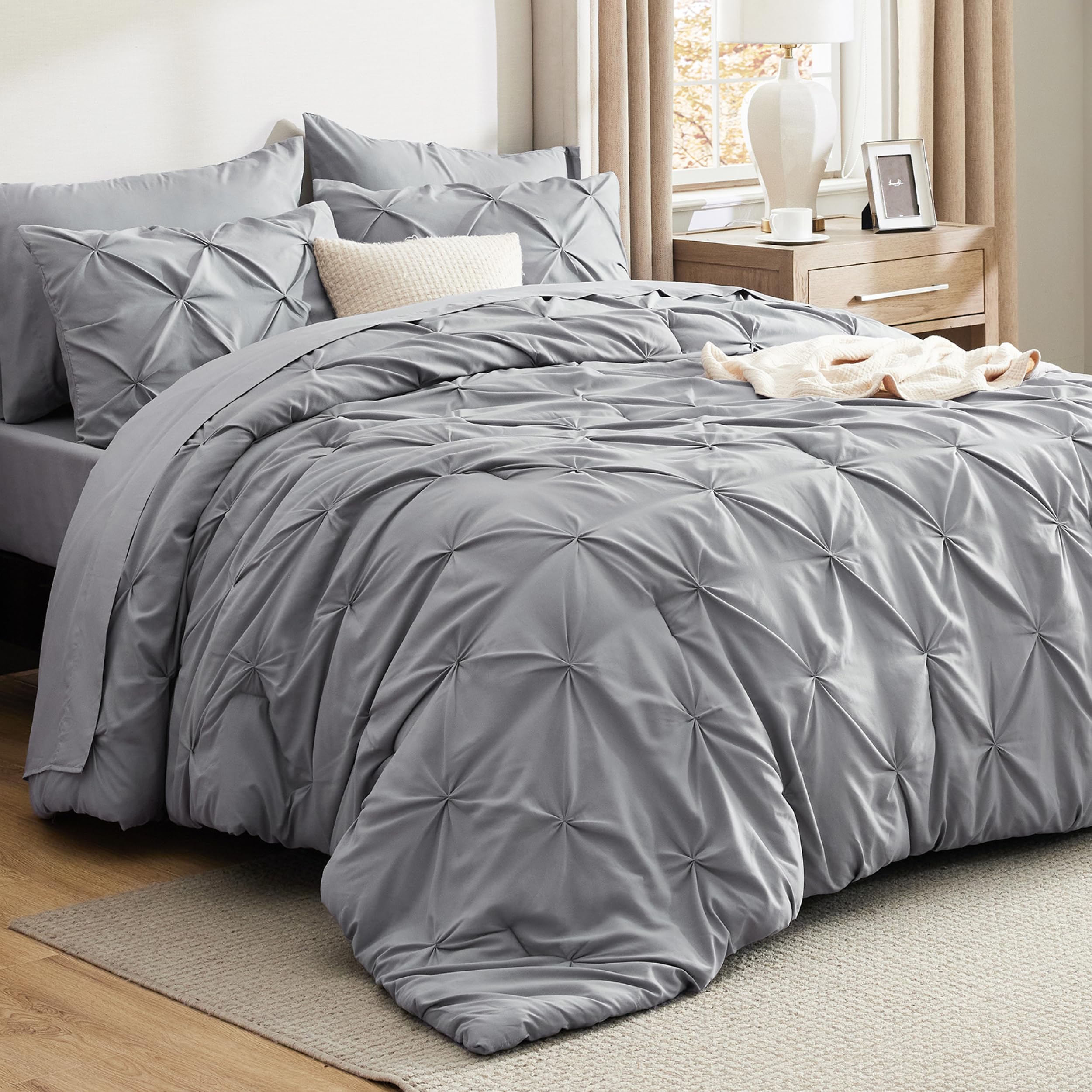 Bedsure King Size Comforter Set - 7 Piece Pintuck Bedding Set with Comforter, Sheets, Pillowcases & Shams in Grey | Luxury Bed in a Bag for Master Bedroom & Guest Room Decor