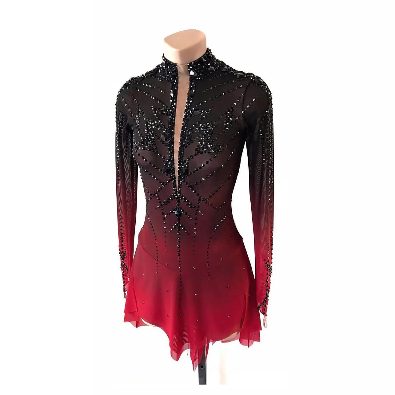 Professional Girls' Figure Skating Dress - Black & Red Halo Dyeing Competition Costume with Rhinestones & Long Sleeves | Perfect for Ice Shows, Competitions & Performances