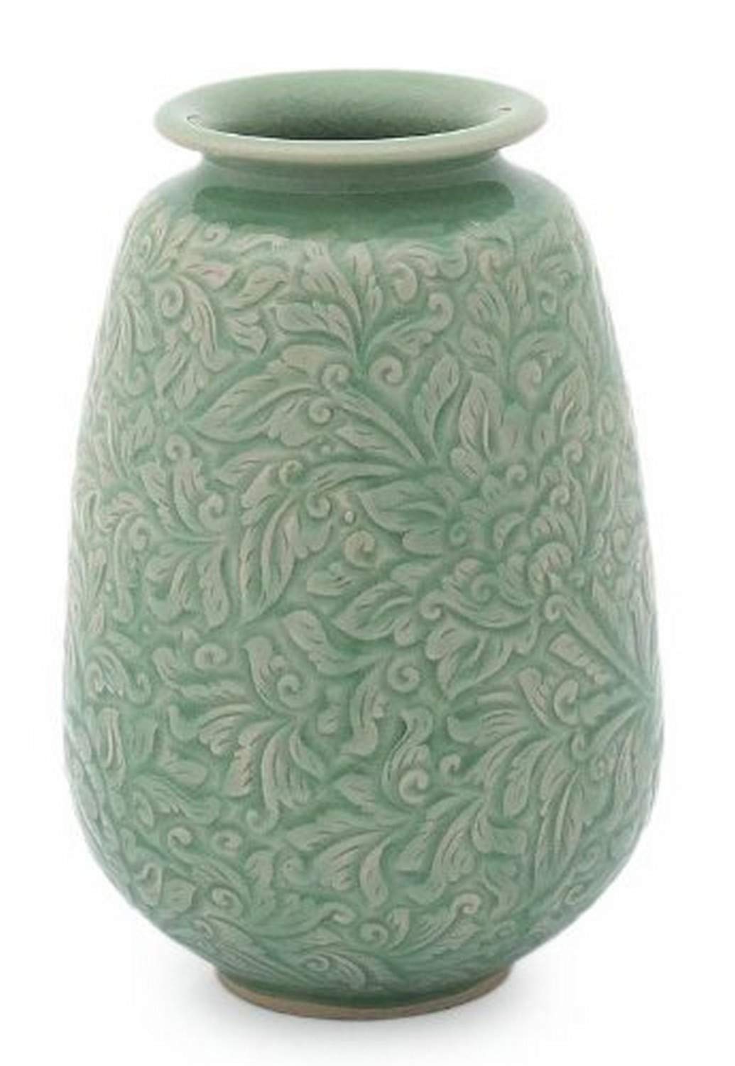 NOVICA Floral Celadon Ceramic Vase - Handcrafted Green Pottery with 'Divine Profusion' Design - Perfect for Home Decor, Wedding Centerpieces & Boho Chic Interiors