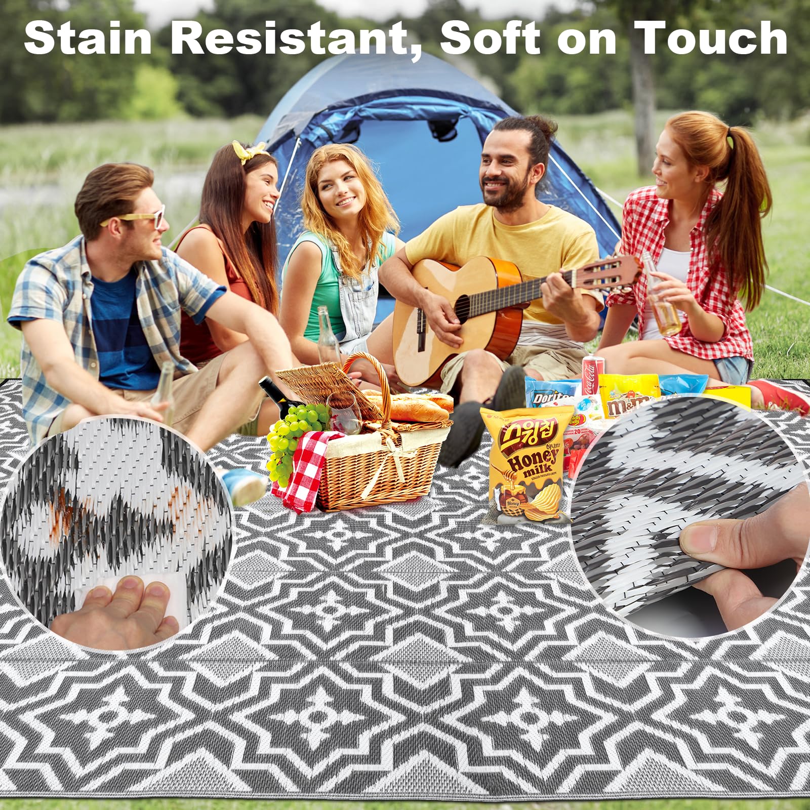 9x12 Waterproof Outdoor Rug - Recyclable Plastic Straw Woven Patio Mat for Camping, RV, Yard & Deck - Grey Indoor/Outdoor Rug for All Weather Use