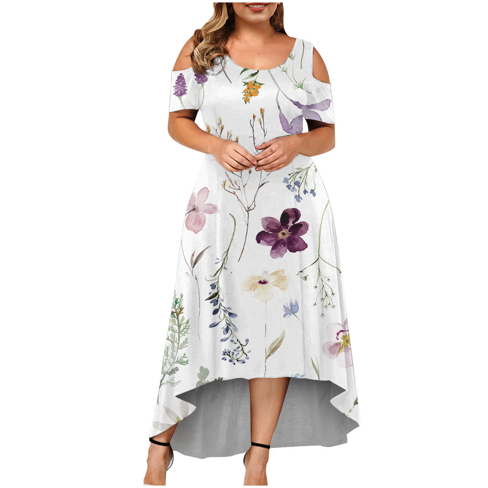 Plus Size Floral Cold Shoulder Dress for Women - Elegant High Low Swing Long Dress for Wedding Guest, Tea Party & Special Occasions | Dovford