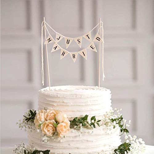 Handmade Rustic Just Married Cake Topper with Wood Pole - Preassembled Wedding Cake Decor for Cheese Cakes & Bunting Flags - Perfect for Rustic Weddings, Anniversary Celebrations, and Bridal Showers