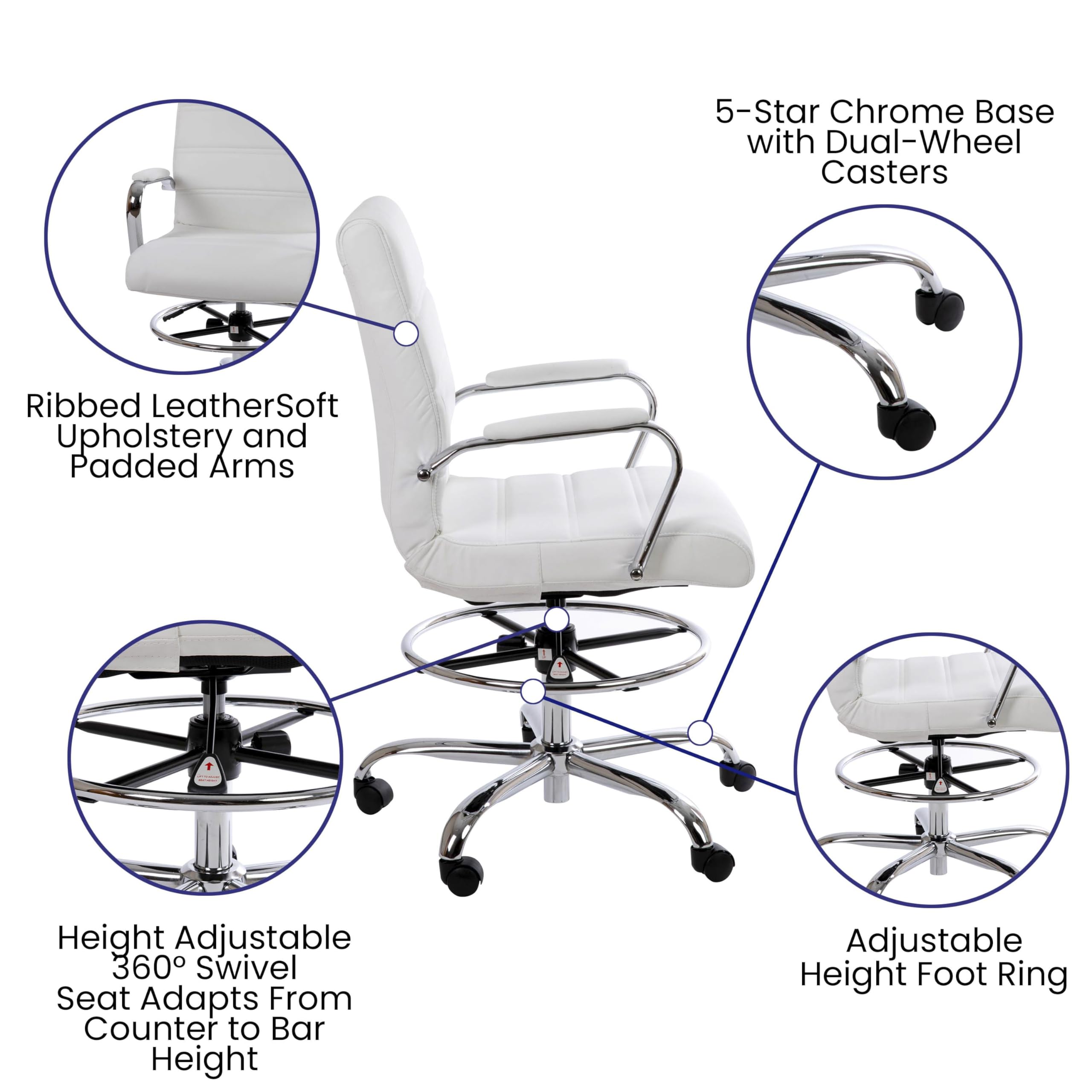 Whitney Mid-Back Swivel LeatherSoft Office Chair with Foot Ring - Adjustable Drafting Chair for Home & Office