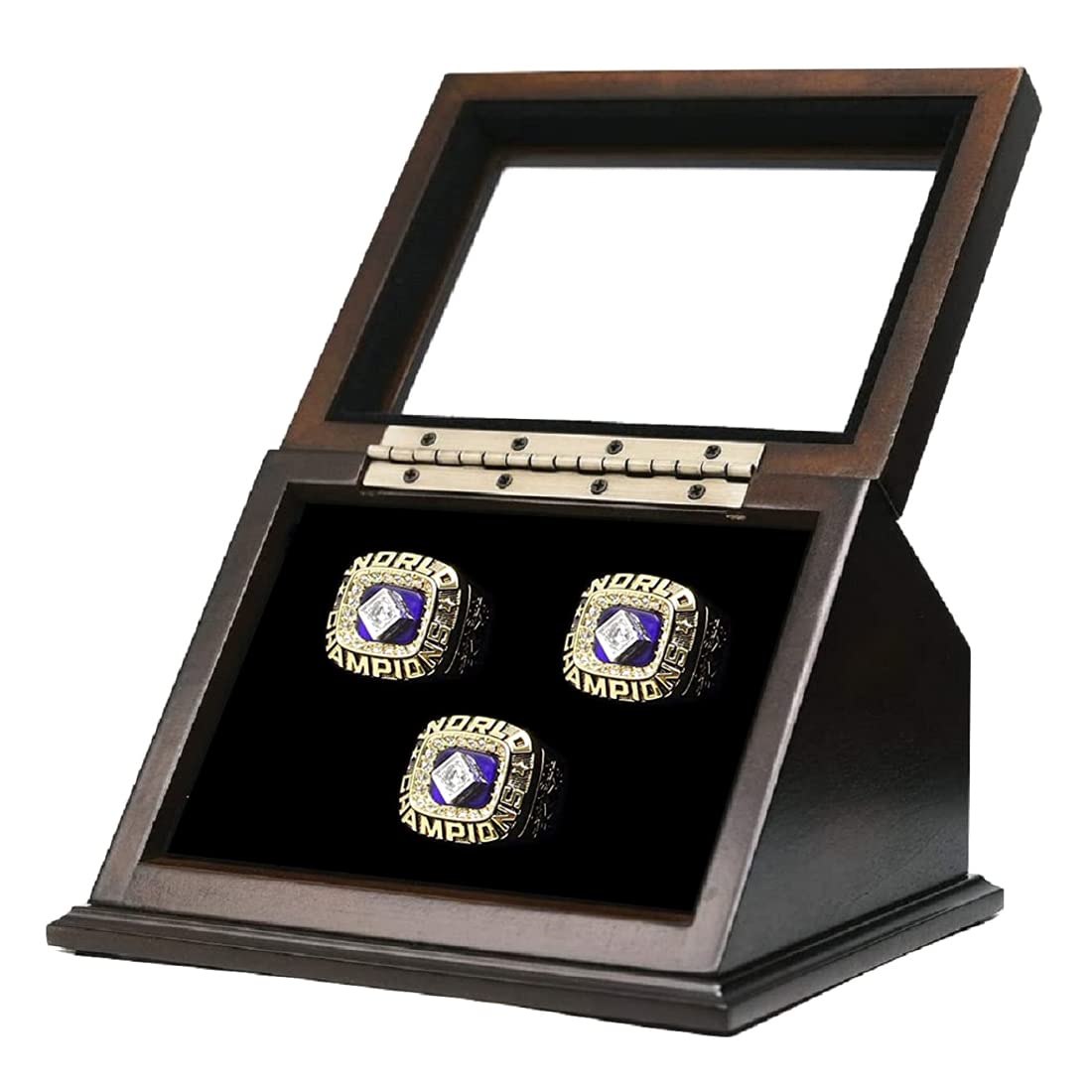 3-Slot V-Shape Championship Rings Wooden Display Case with Slanted Glass Window - Football, Basketball, Hockey Sports Trophy Shadow Box (Rings Not Included) - Perfect for Showcasing Awards in Offices, Trophy Rooms & Sports Memorabilia Collections