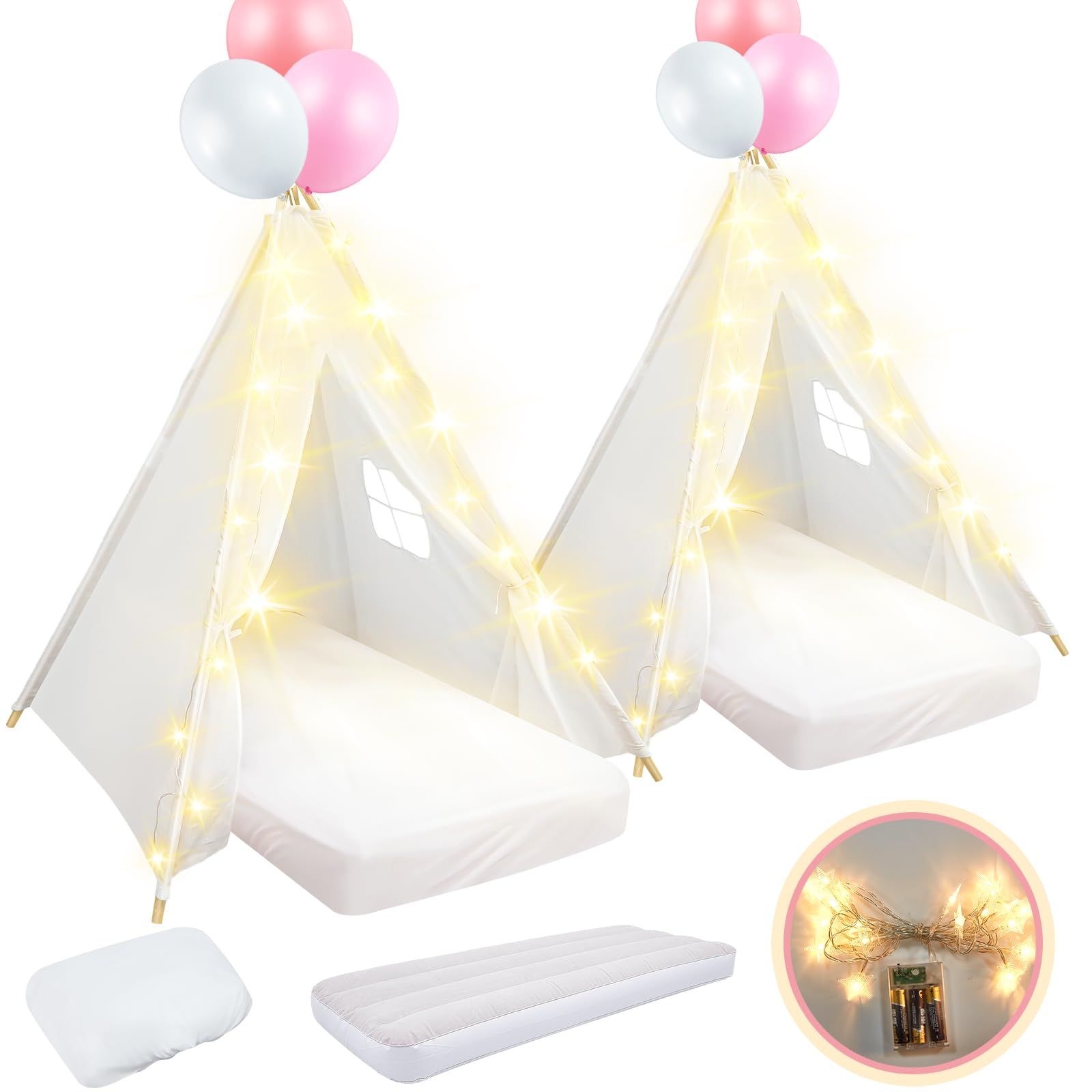2 Pack Kids Teepee Tent with Mattress & Accessories - Washable Natural Cotton Play Tent for Boys & Girls - Indoor Outdoor Playhouse for Sleepovers, Birthday Parties & Backyard Adventures (White)