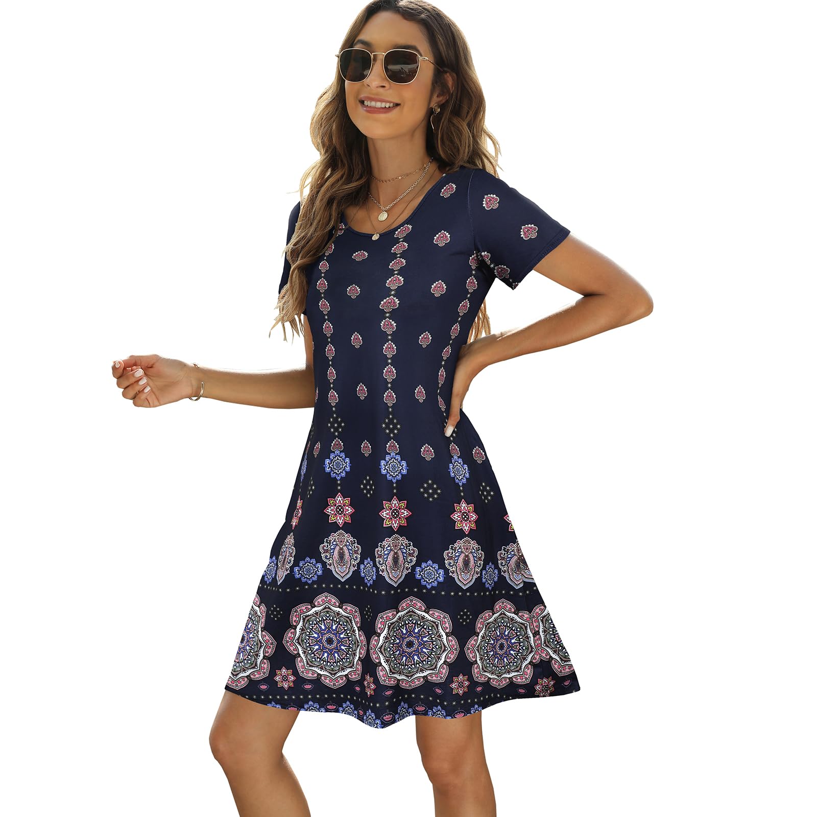 Sherosa Women's Summer Dresses 2025 - Boho Beach Sundress with Pockets, Short Sleeve Loose Fit Casual T-Shirt Dress for Vacation, Travel, and Outdoor Activities