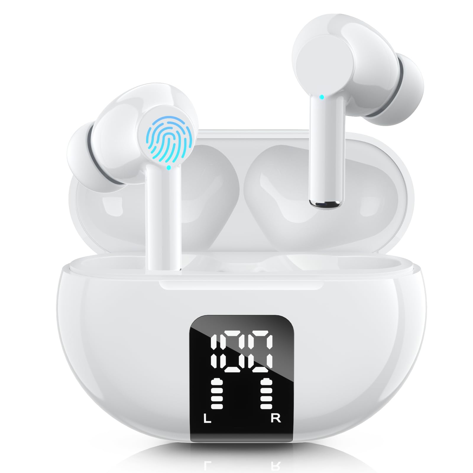 Carego Wireless Earbuds Bluetooth 5.3 Headphones - 40H Playtime with LED Display, Bass Stereo in-Ear Earphones with Mic for iPhone Samsung Android Laptop (White) - Perfect for Workouts, Commuting & Travel