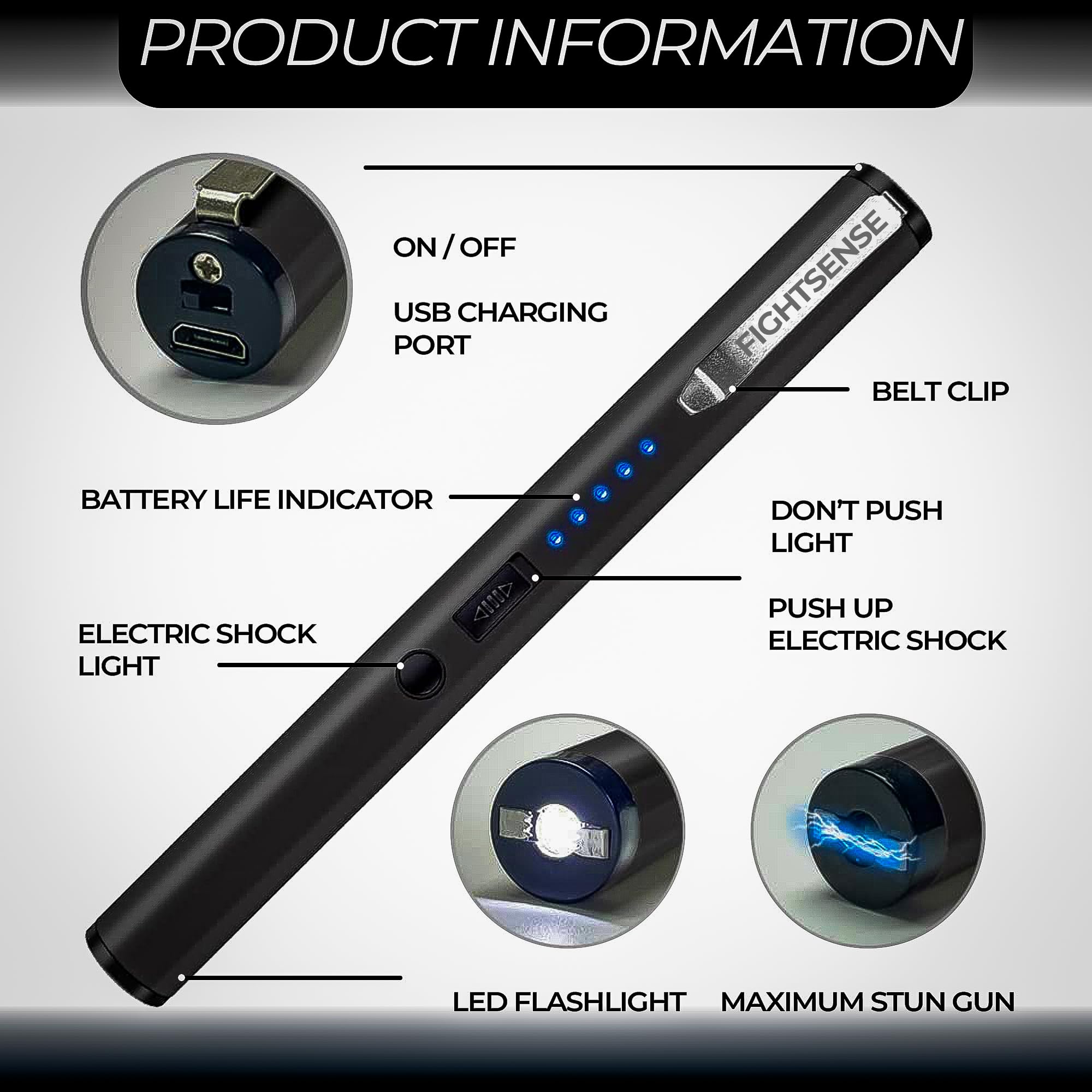 FIGHTSENSE Stun Gun Pen - Rechargeable Self Defense Weapon with LED Flashlight & Belt Clip | Personal Protection for Women | Perfect for Night Walks, Jogging & Emergency Situations