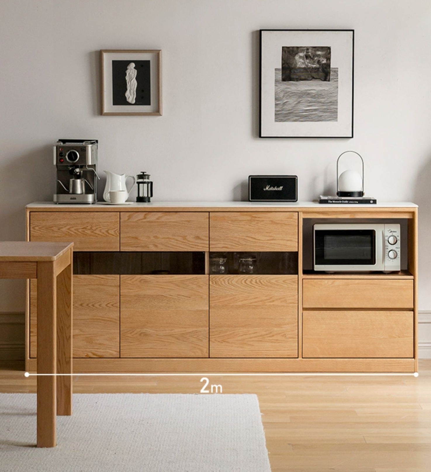 Oak Solid Wood Nordic Sideboard with Slate Top - Modern Buffet Cabinet for Dining Room, Living Room & Entryway Storage