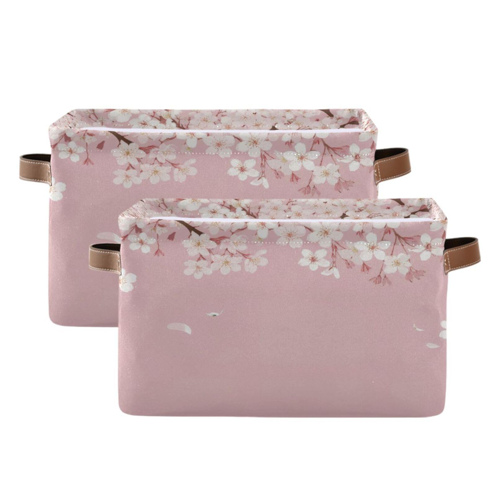 2-Pack Cherry Blossom Fabric Storage Baskets with Handles - Closet Organizer Bins for Clothes, Toys & Home Organization - Perfect for Bedroom, Nursery & Shelf Storage