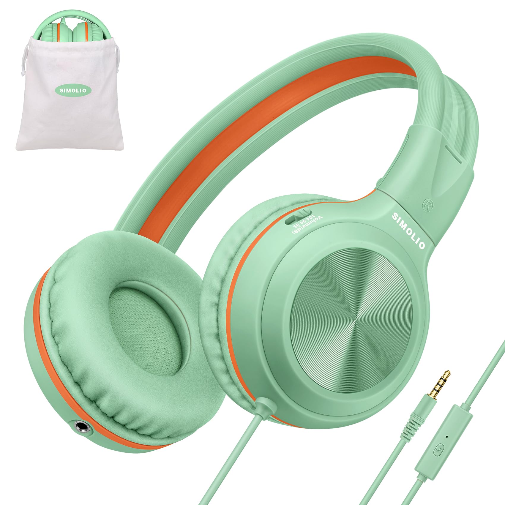 SIMOLIO Wired On-Ear Headphones with Microphone for Kids & Teens - Foldable Stereo Headset with Volume Control, 3.5mm Jack for Cellphones, Tablets, Chromebook, Laptop (Green) - Perfect for Online Classes, Gaming & Music Listening