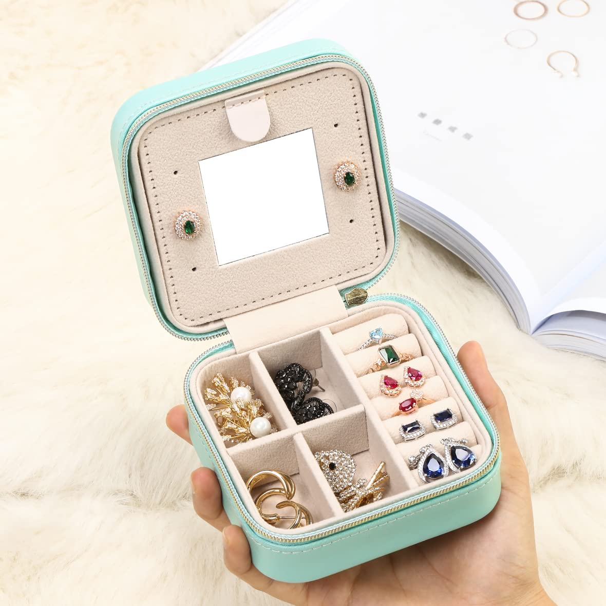 Portable Jewelry Travel Case with Mirror - Small Jewelry Organizer Box for Rings, Earrings, Necklaces | Compact Storage for Travel, Home & Gifts (Blue)