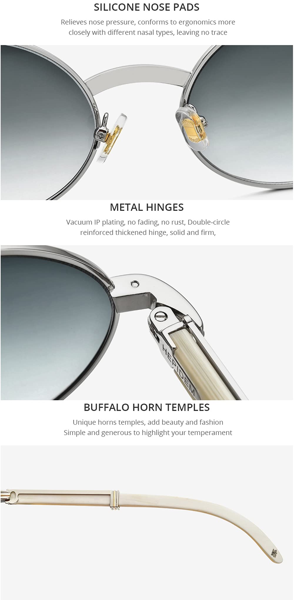 HEPIDEM 100% Genuine Buffalo Horn Handmade Round Sunglasses for Men - Luxury Polarized UV Protection Shades for Outdoor, Driving & Fashion